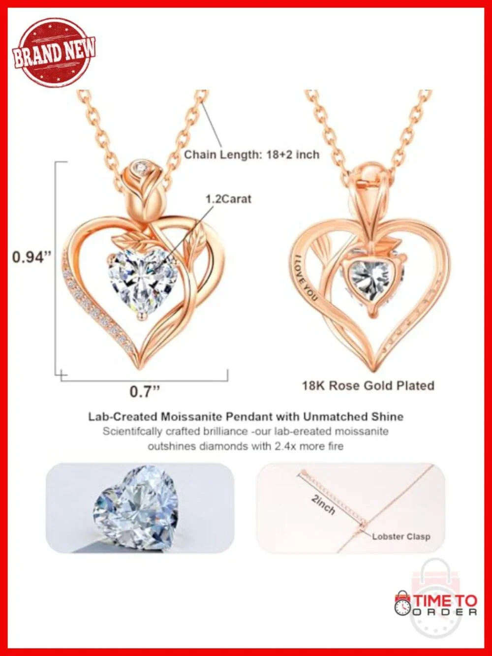 1.2CT Heart Pendant Necklace Moissanite S925 Sterling Silver 18K Rose Gold